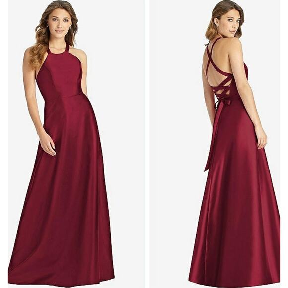 Alfred Sung Dress Size 18 Halter Lace Up Twill Criss Cross Burgundy - Picture 1 of 15